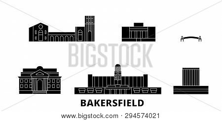 United States, Bakersfield Flat Travel Skyline Set. United States, Bakersfield Black City Vector Ill