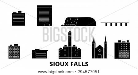 United States, Sioux Falls Flat Travel Skyline Set. United States, Sioux Falls Black City Vector Ill