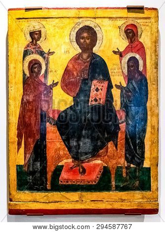 Veliky Novgorod, Russia - August 17, 2017: Antique Russian Orthodox Icon Painted On Wooden Board. Th