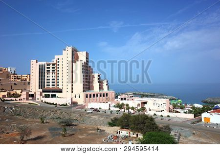 Dibba Al-Fujairah, Fujairah, UAE - April 4, 2019: Hotel Fairmont Fujairah view from land side