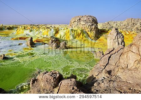 Acidic Lake Of Fantastic Colors And Salt Deposits Of Dallol Volcano, Afar Region, Danakil, Ethiopia