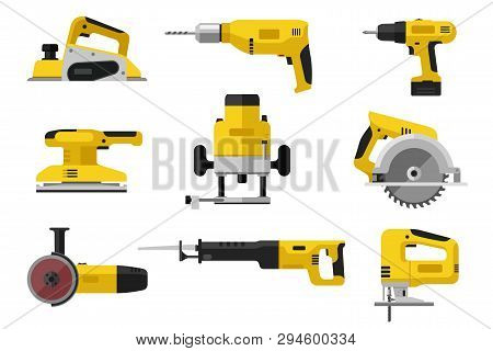 Pover Tools. Yellow Electric Industrial Tools. Flat Illustrations Of Saws, Drill, Planer, Grinders, 