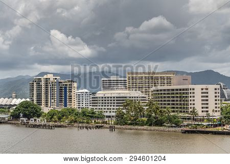 Cairns, Australia - February 17, 2019: Hilton Hotel And Pullman Hotel Casino Under Rainy Sky With Ku