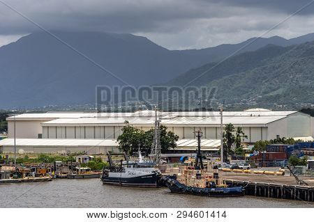 Cairns, Australia - February 17, 2019: Austral Hunter Fishing Vessel And Tugboat Docked In Commercia
