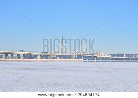 Gulf Of Finland And Cable Bridge Across The Petrovsky Fairway In Saint Petersburg, Russia. Part Of T