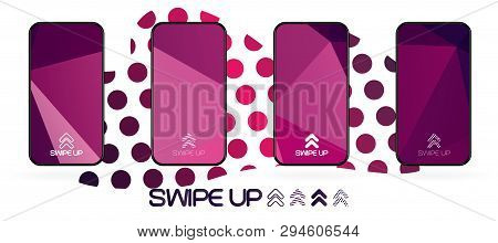 Triangular Polygonal Geometric Abstract Background With Swipe Up Icon. Bright Violet And Dark  Purpl