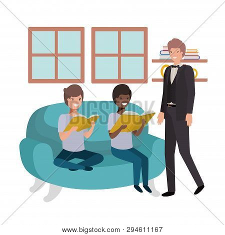 Father And Sons Sitting In Couch Avatar Character Vector Illustration Desing