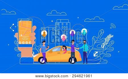 Carsharing Online Simple Flat Illustration With Line Cityscape. Girl And Men Passenger Character Res