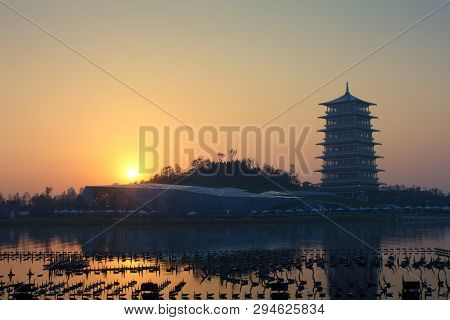 Changan Tower At Night, New Landmark Of Xian, Shaanxi, China