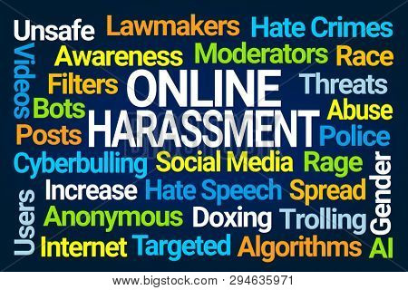 Online Harassment Word Cloud on Blue Background