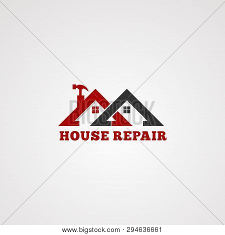 House Repair Service Logo Vector, With Twin Roof In Red Color, Tool Hammer, Element, And Template Fo