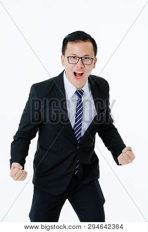 Half-length Portrait Of Young Handsome Asian Man Wearing Eyeglasses In Business Suit Posing Triumpha