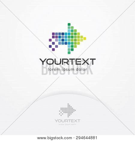 Elegant Pixel Arrow Logo Template, Symbol Of Technology, Delivery And Logistic. Colorful Business An