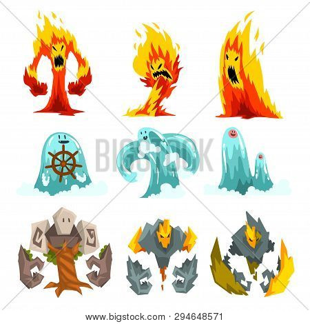Fire, Stone And Water Monsters Set, Fantasy Mystic Creatures Cartoon Characters Vector Illustration
