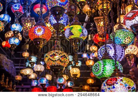 Traditional Turkish Light Lamps  - Colorful Shot From Dubai Spice Souk, Famous Tourkish Light, Place