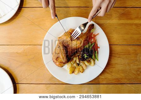 Spatchcocked Barbecue Chicken With Vegetable Top View On White Plate