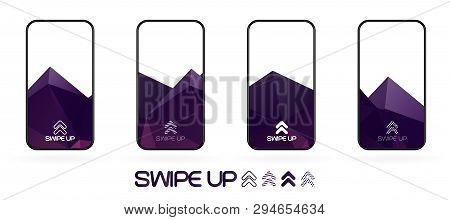 Triangular Polygonal Geometric Abstract Background With Swipe Up Icon. Bright Violet And Dark  Purpl