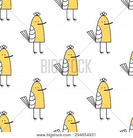 Vector Illustration. Small Baby Bird. Yellow Sandpiper On White Background. Seamless Birds Pattern