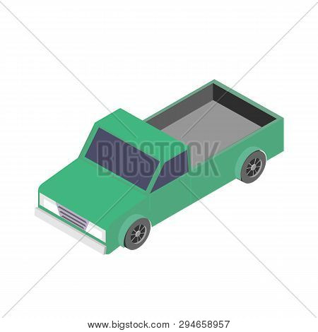 Isometric Pickup Truck. 3d Vector Icon In Green Color Isolated On White Background. Cargo Car Concep