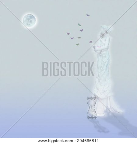 Woman`s marble statue and butterflies. Glowing moon and hourglass. 3D rendering
