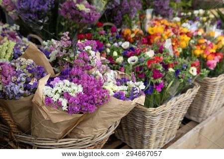 Everyday Flowers Counter With Variety Of Fresh Cut Flowers Such As Statice Salem Or Limonium Sinuatu