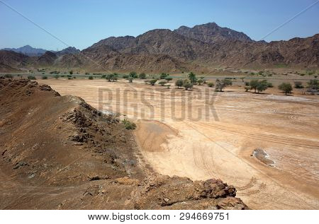 Arabian peninsula landscape with dry mountains in Fujairah, United Arab Emirates