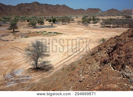 Arabian peninsula landscape with dry mountains in Fujairah, United Arab Emirates
