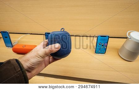 Paris, France - Mar 19 2019: Pov Man Buying Holding Ultimate Ears Wonde