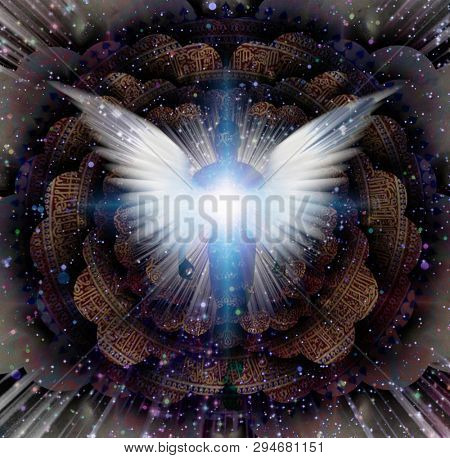 Shining wings and man's aura in a center of Indian mandala. Multi-layered spaces representing endless dimensions. 3D rendering