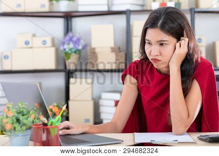 Young Beautiful, Asian Business Lady, Long Black Hair, In Styling Red Dress, Unhappy With E-mails On