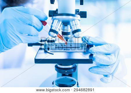 Close Up Shot Of Scientist Scientist Adjusting The Microscope For His Experiments, In Laboratory Roo