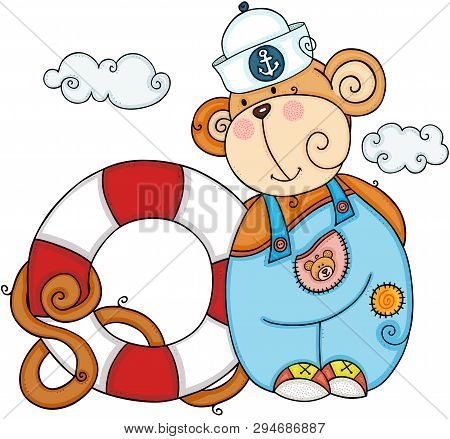 Scalable Vectorial Representing A Friendly Sailor Monkey With Help Save Life Float, Element For Desi