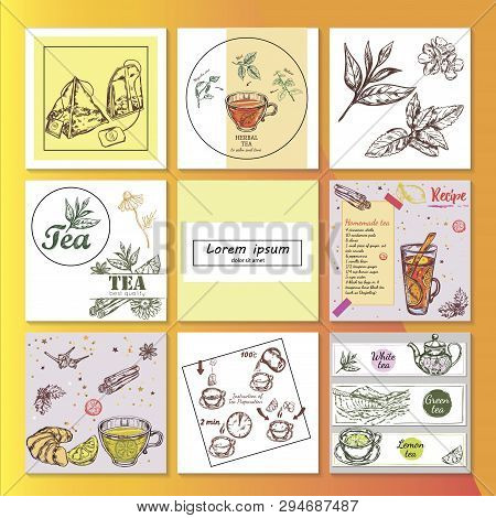 Hand Drawn Tea Time Composition With Colorful And Monochrome Style Tea Recipe Utensils Bags Desserts