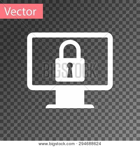 White Lock On Computer Monitor Screen Icon Isolated On Transparent Background. Monitor And Padlock. 