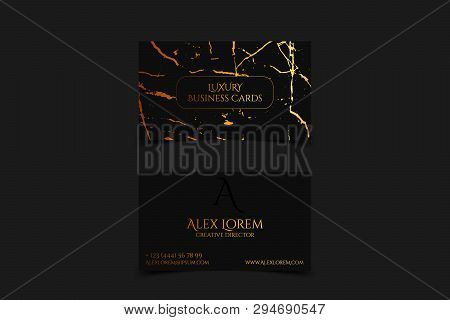 Luxury Business Card With Marble Texture And Gold Detail Vector Template, Banner Or Invitation With 