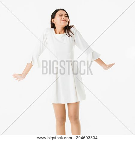 Half-length Portrait Of Young Beautiful Asian Lady In White Dress Lively Posing Excited Expression, 
