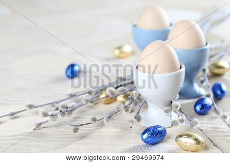 鸡蛋在白色和蓝色 eggcups