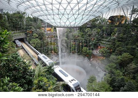 Singapore, 11 Apr, 2019: The Rain Vortex, A 40m-tall Indoor Waterfall Located Inside The Jewal Chang