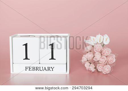 February 11th. Day 11 Of Month. Calendar Cube On Modern Pink Background, Concept Of Bussines And An 