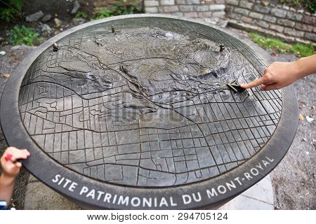 Montreal, Quebec, Canada, September 01, 2018: Close-up Of Mount Royal 3d Map Made Out Of Bronze. The