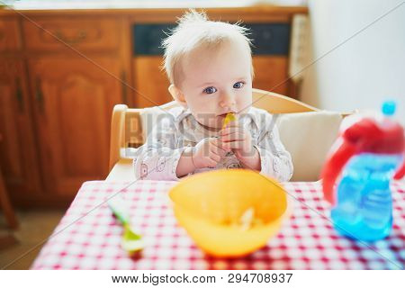 Cute Baby Girl Eating Lunch In The Kitchen. Little Kid Tasting Solids At Home. Baby Led Weaning