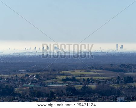 Montevecchia, Lecco, Brianza, Lombardy, Italy: Panoramic View Of Milan And Its Skyscrapers