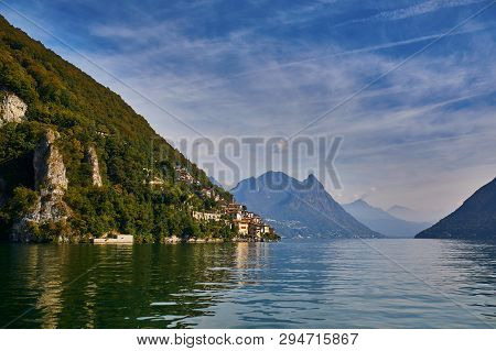 Scenic View Of Gandria Village Near Lugano From The Lake, Canton Of Ticino, Switzerland