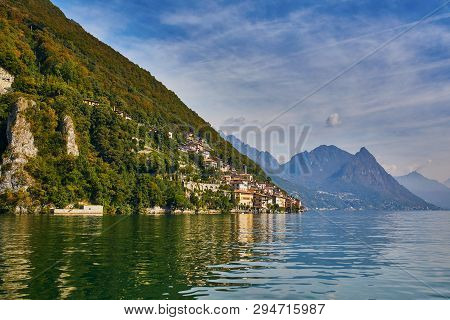 Scenic View Of Gandria Village Near Lugano From The Lake, Canton Of Ticino, Switzerland