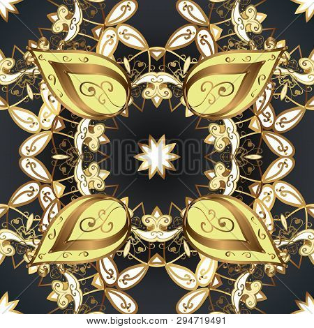 Flat Elements. Vector. Tender Fabric Pattern. Doodles Yellow, Gray And Brown On Colors. Design. Seam