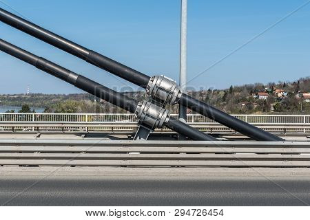 Big And Strong Steel Security Cable Connections Holding The Concrete Bridge Construction And Amortiz