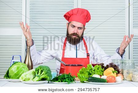 Bearded Man. Chef Recipe. Vegetarian Salad With Fresh Vegetables. Dieting Organic Food. Healthy Food