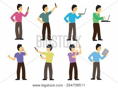 Set Of Man Interacting With The Technology With Laptop; Virtual Reality; Phones And Tablet; Concept 