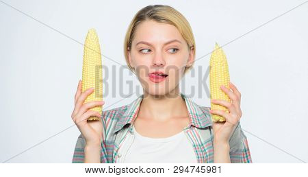 Size Concept. Healthy Teeth. Farming, Farmer Girl With Maize. Corn Crop. Vitamin And Dieting Food. A
