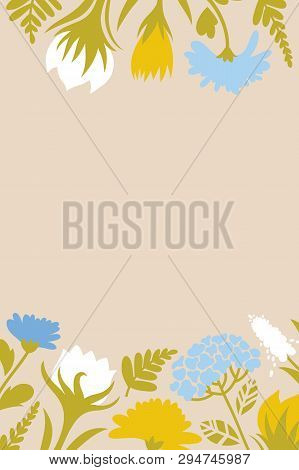 Spring Easter Card With Flowers For Congratulations. Dandelions, Muscari, Lungwort, Snowdrops. Vecto